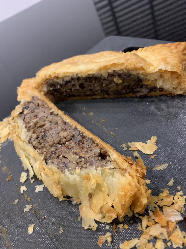 Mushroom & Nut Roast in puff pastry sliced to see inside