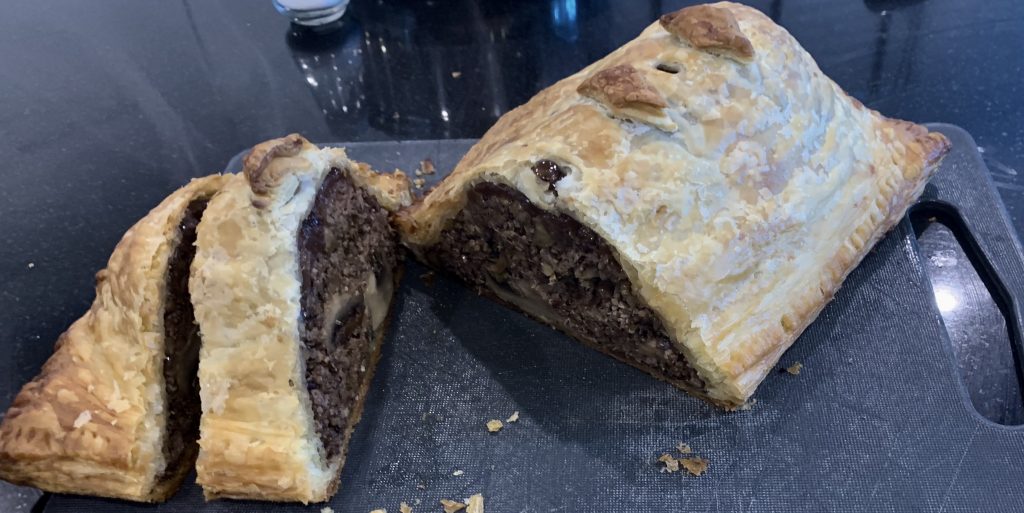 Mushroom and nut wellington sliced